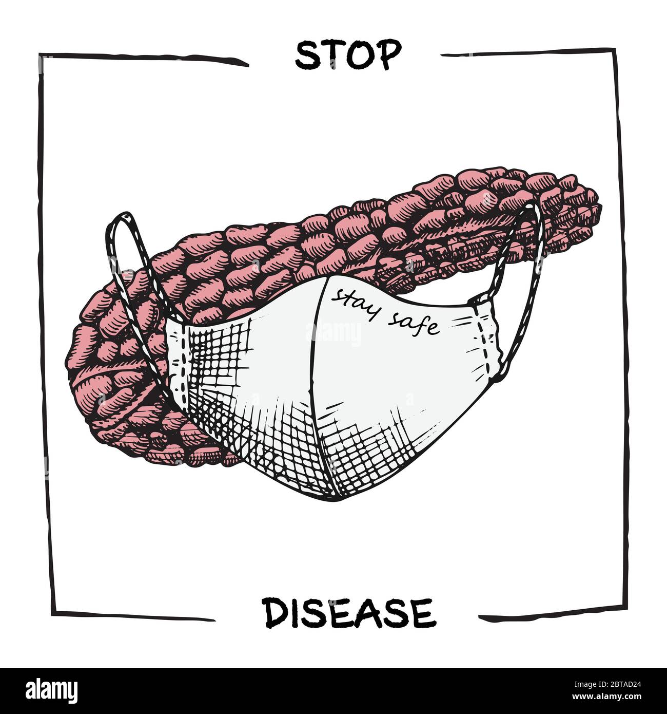 Pancreas con maschera medica. Icona realistica disegnata a mano degli organi interni umani. Incisione art. Stile di schizzo. Progettazione per i progetti medici Illustrazione Vettoriale