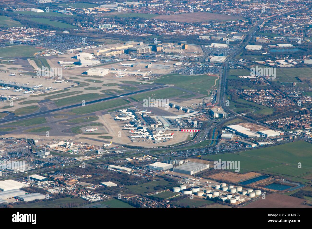 Vista aerea dell'aeroporto di Bristol, Avon, North Somerset, Inghilterra meridionale dall'aereo Foto Stock