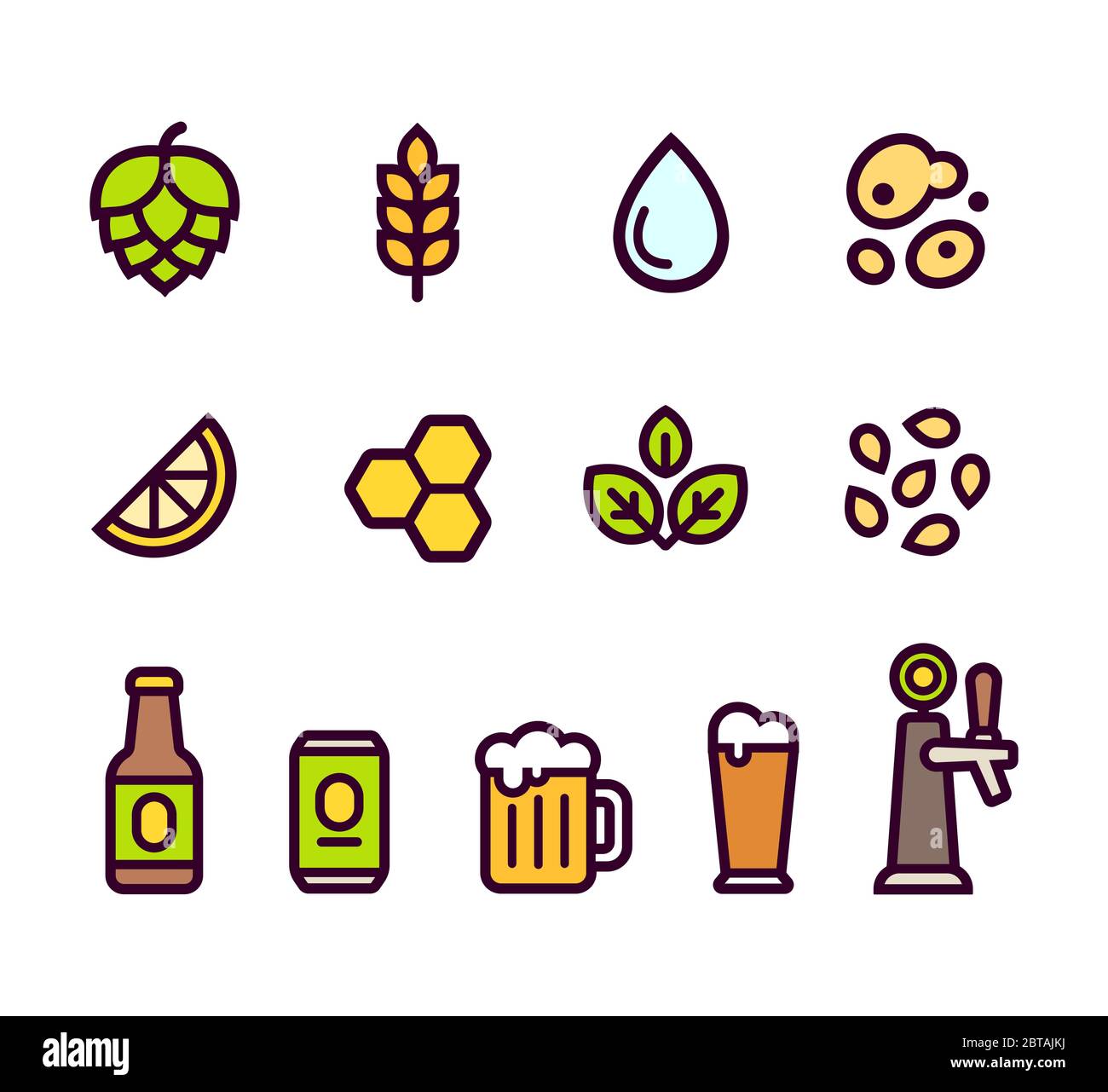 Impostazione dell'icona birra. Ingredienti e aromi per la birra, bicchieri e contenitori per la preparazione. Icone semplici di linee cartoonate, illustrazione vettoriale. Illustrazione Vettoriale