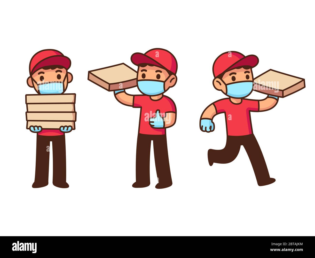 Carino cartone animato pizza consegna ragazzo in maschera viso e guanti. Blocco pandemico e servizio di consegna cibo quarantena. Set di illustrazioni vettoriali. Illustrazione Vettoriale