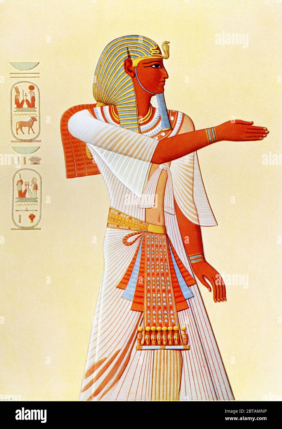Amenhotep II (anche Amenefi e Amenophis) è pensato per essere il faraone egiziano al tempo dell'Esodo, il nome dato all'evento biblico che descrive le partenze degli Israeliti dall'Egitto. Amenhotep II fu il settimo faraone della XVIII dinastia, durante il periodo di tempo ora chiamato nuovo Regno. Governò intorno al 1410 a.C. questo dipinto murale fu scoperto a Tebe in Egitto e fu copiato dall'orientalista francese Emile Prisse. Foto Stock