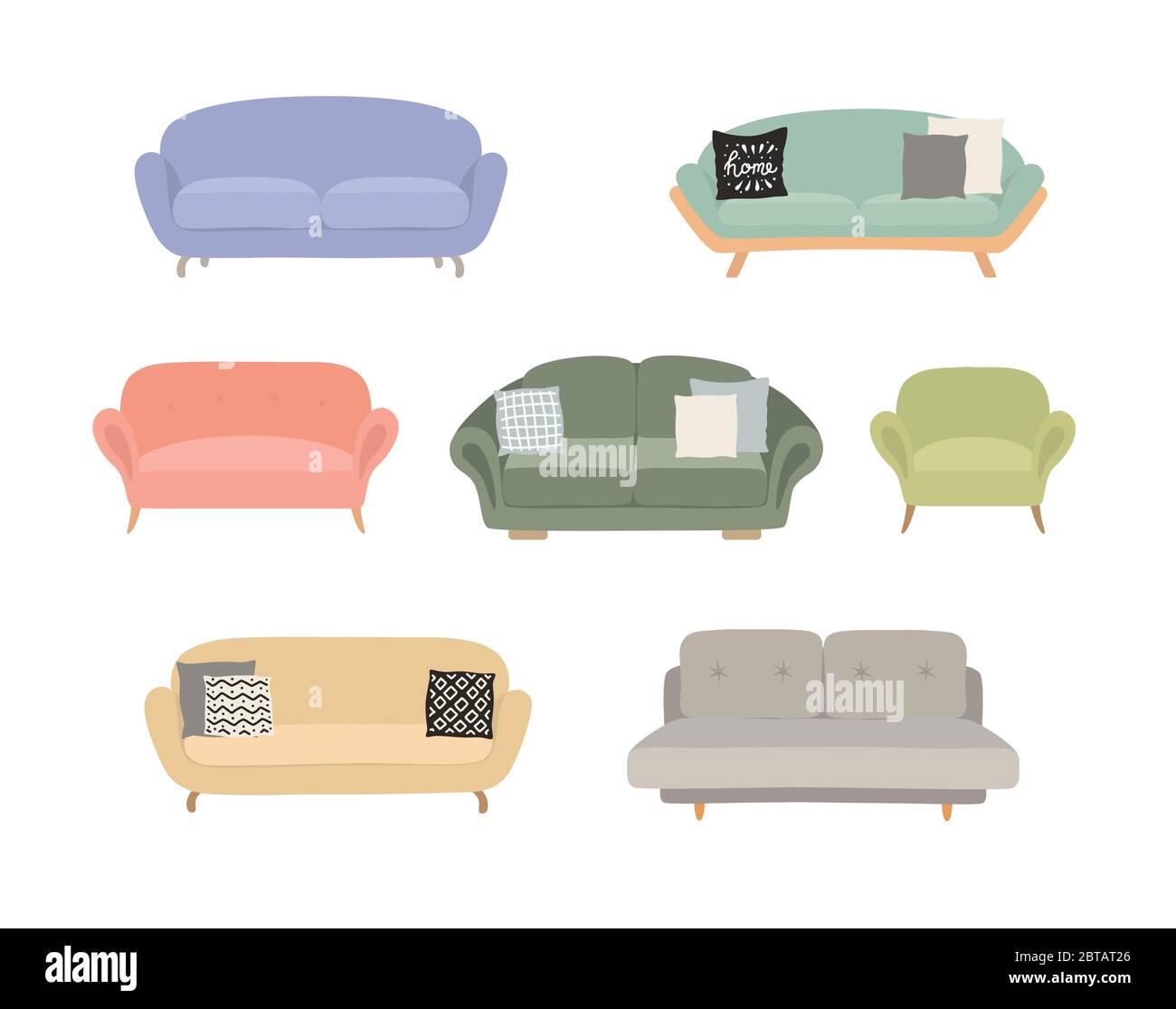 Divano vettore colorati set. Confortevole divano raccolta isolati su sfondo bianco per l'interior design. Illustrazione Vettoriale