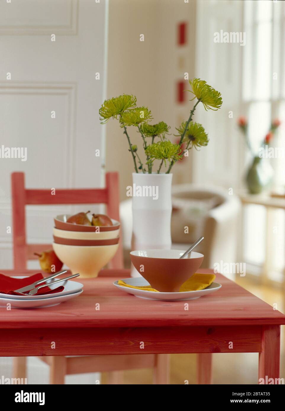 Vaso di crisantemi verdi di calce su tavola rosa Foto Stock