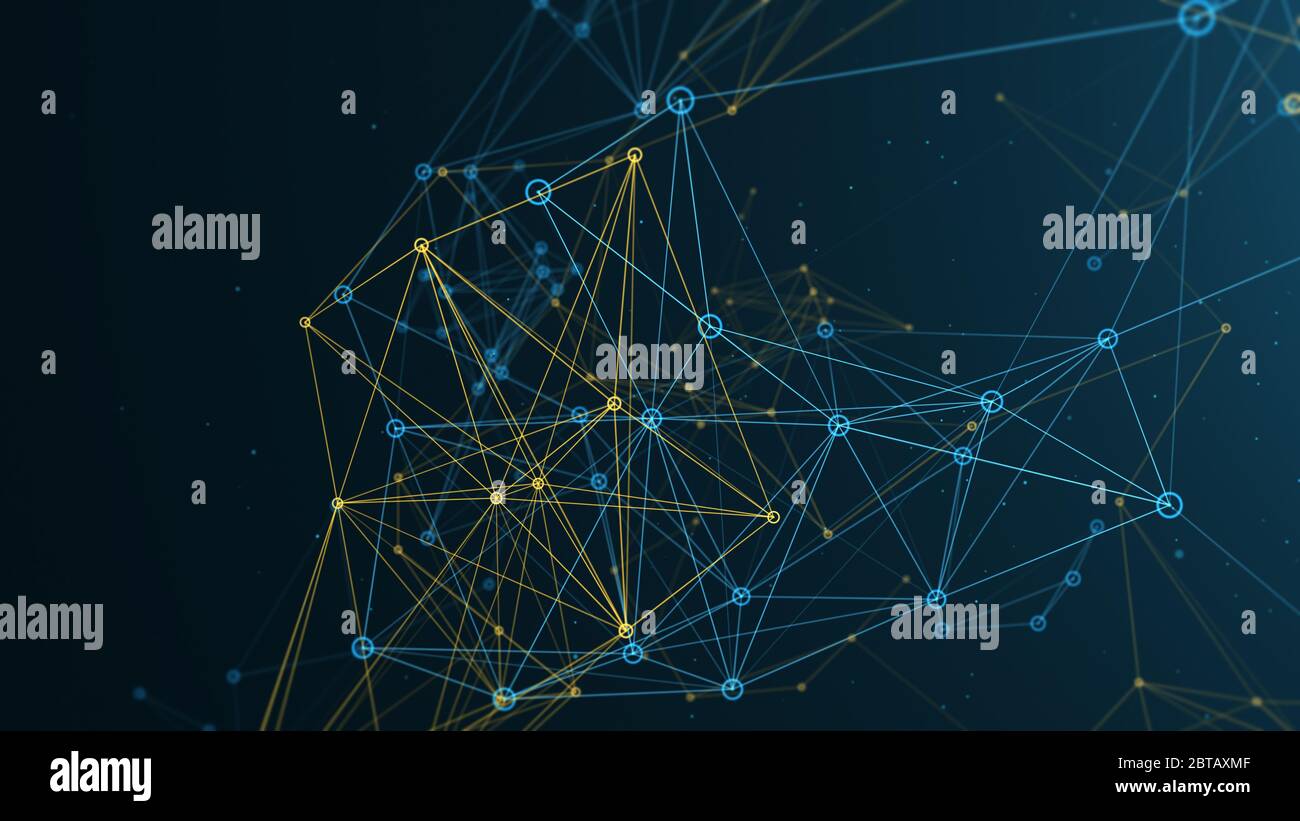 Digital Network astratta di blu e giallo di linee e punti collegati. 3D render Foto Stock