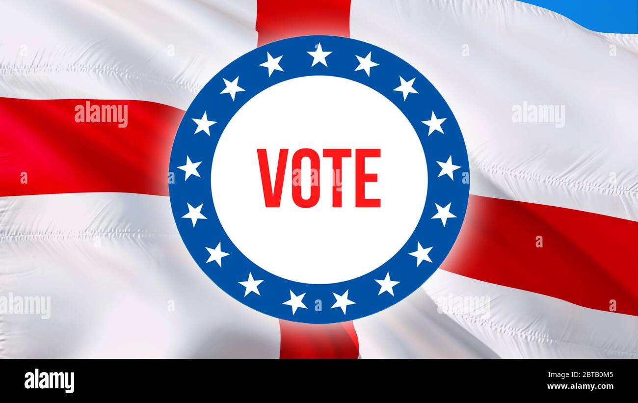 Testo di voto sulla bandiera inglese che svanisci in Wind British elezioni sfondo, 3D rendering. Parlamento britannico Unione Jack Flag sfondo. Inghilterra prime Mini Foto Stock