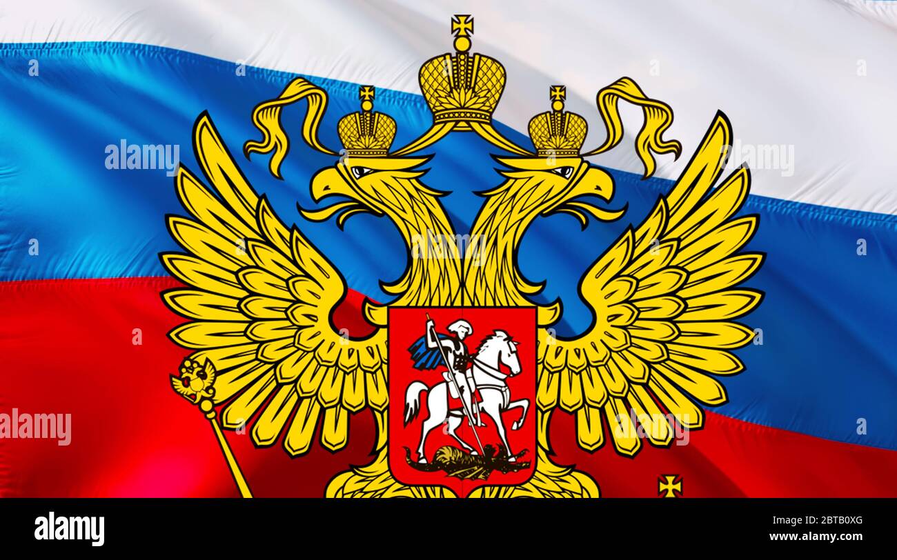 Simbolo della Russia sulla progettazione della bandiera della Federazione Russa sullo sfondo della Russia, rendering 3d. Russia bandiera di fondo per le vacanze russe. Russia bandiera backgroun Foto Stock