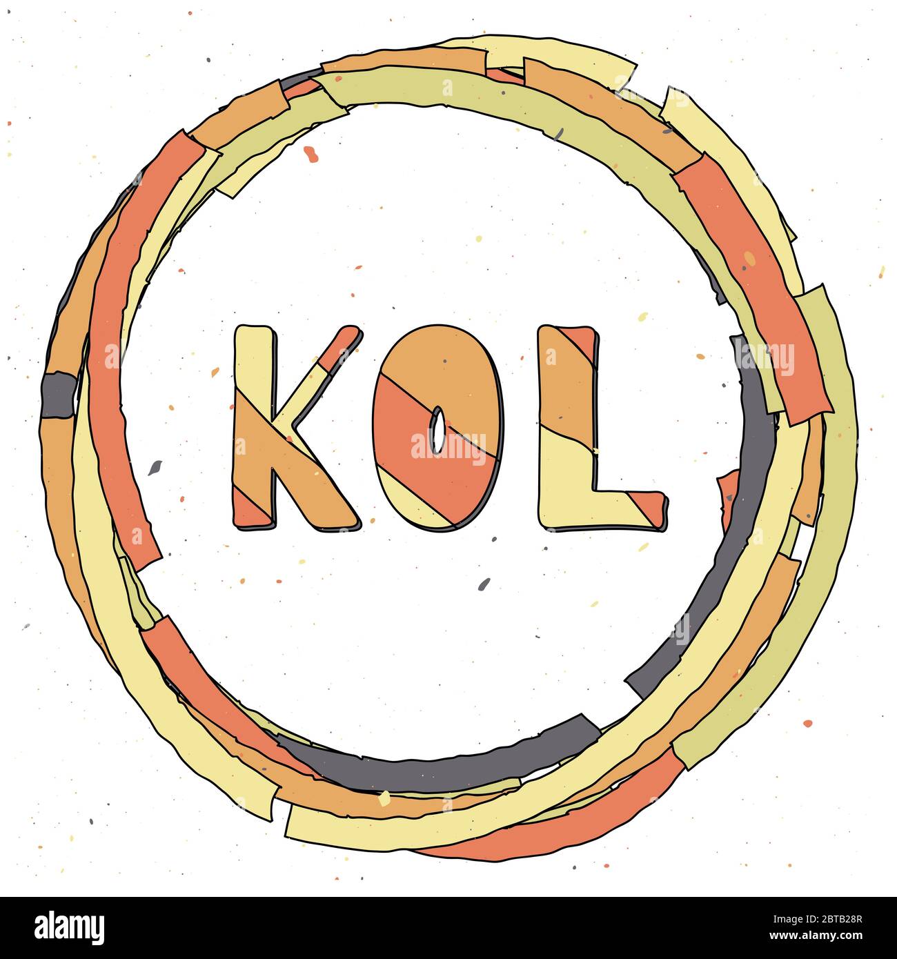 KOL abbreviazione di Key Opinion leader, concetto di influencer, divertente cartoon cornice intorno alla parola. Colori arancione, giallo, grigio. Nuovi social media Illustrazione Vettoriale