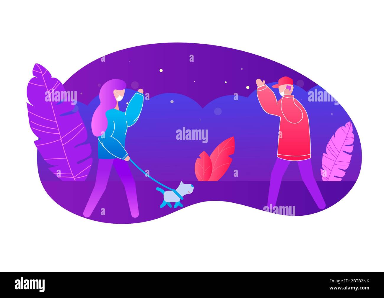 donna con cane che si fa ondolare mano a uomo che indossa maschera Illustrazione Vettoriale