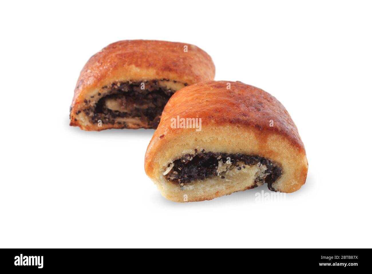 Panini al burro al forno con semi di papavero isolati su bianco Foto Stock