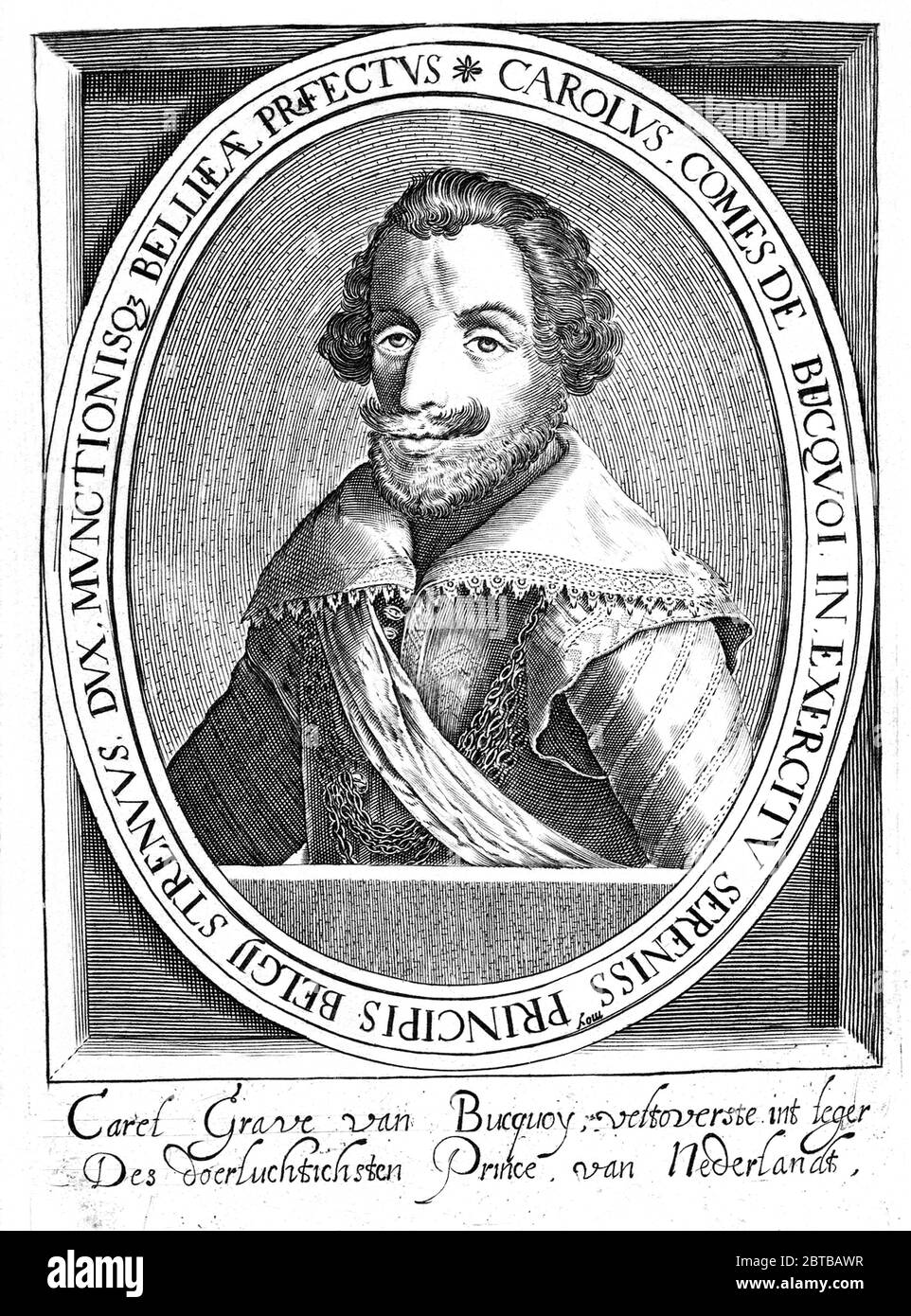 1600 ca, GERMANIA : il conte CHARLES Bonaventura de LONGUEVAL DE BUCQUOY ( Bonaventure , 1571 - 1621 ). Portrair inciso da artis non denificati . Francese nato ad Arras. Era un comandante militare che si è trovato a fare la guerra degli ottanta anni e per il Sacro Romano Impero durante la Guerra dei Trent'anni . - KAREL - CARLOS - Buenaventura - Asburg - Asburgo - Asburgo - Austria - SPAGNA - SPAGNA - NOBILITY - NOBILI tedeschi e spagnoli - Nobiltà tedesca e spagnola - illustrazione - incisione - colletto - colletto - baffi - moustache --- ARCHIVIO GBB Foto Stock