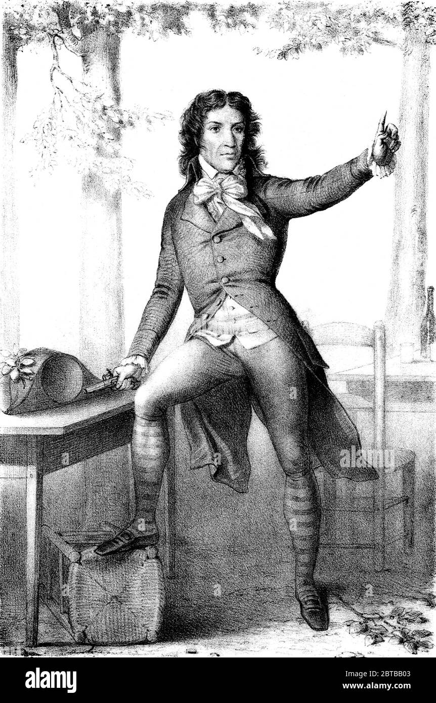 1794 ca , FRANCIA : la giornalista e politico francese rivoluzionario CAMILLE DESMOULINS ( 1760 - 1794 ). Ritratto inciso di artista sconosciuto, stampato nel 1835 . - ritratto - ritratto - STORIA - FOTO STORICHE - RIVOLTA FRANCESE - RIVOLUZIONE FRANCESE - cravatta bow - fiocco - cravatta - incisione - illustrazione - GIORNALISTA - GIORNALISMO - GIORNALISMO - AVVOCATO - AVVOCATO --- ARCHIVIO GBB Foto Stock