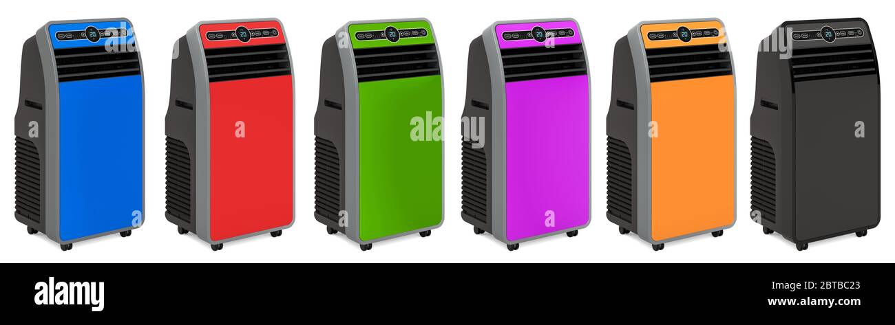 Set di condizionatori d'aria portatili colorati, rendering 3D isolato su sfondo bianco Foto Stock