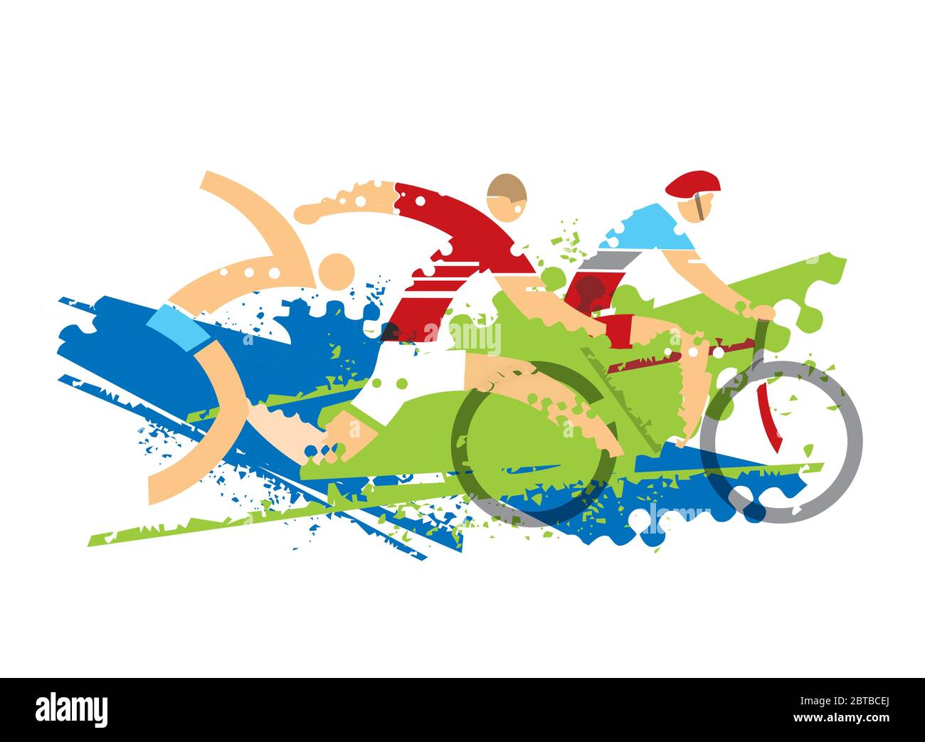 Gara di Riathlon, attività fitness all'aperto. Dinamico e espressivo che disegna tre atleti triathlon sullo sfondo grunge. Vettore disponibile. Illustrazione Vettoriale