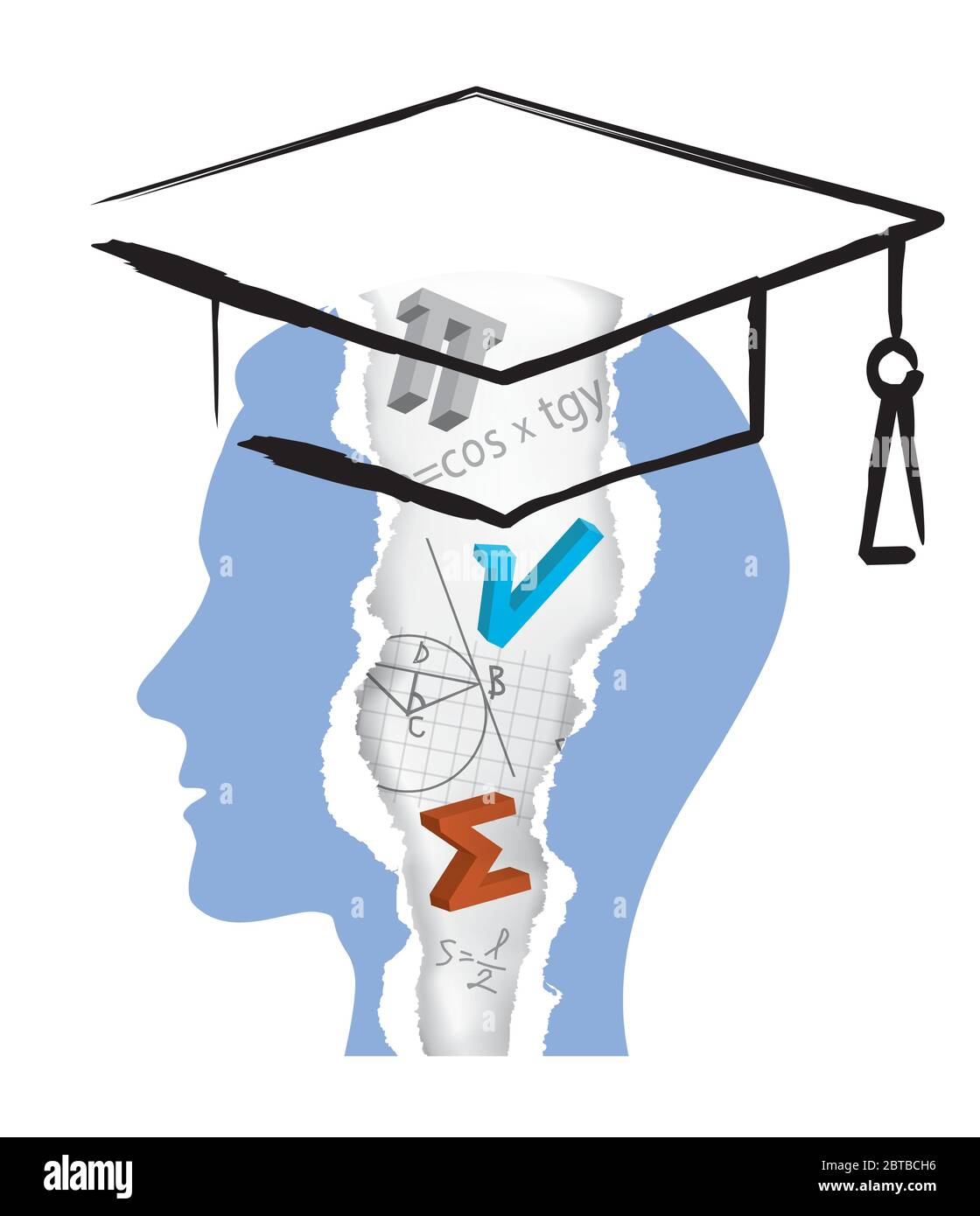 Studente di Matematica con scheda di Malta. Testa maschio stilizzata in carta strappata con frammenti di carta strappata con simboli matematici e cartoncino di Malta. Illustrazione Vettoriale