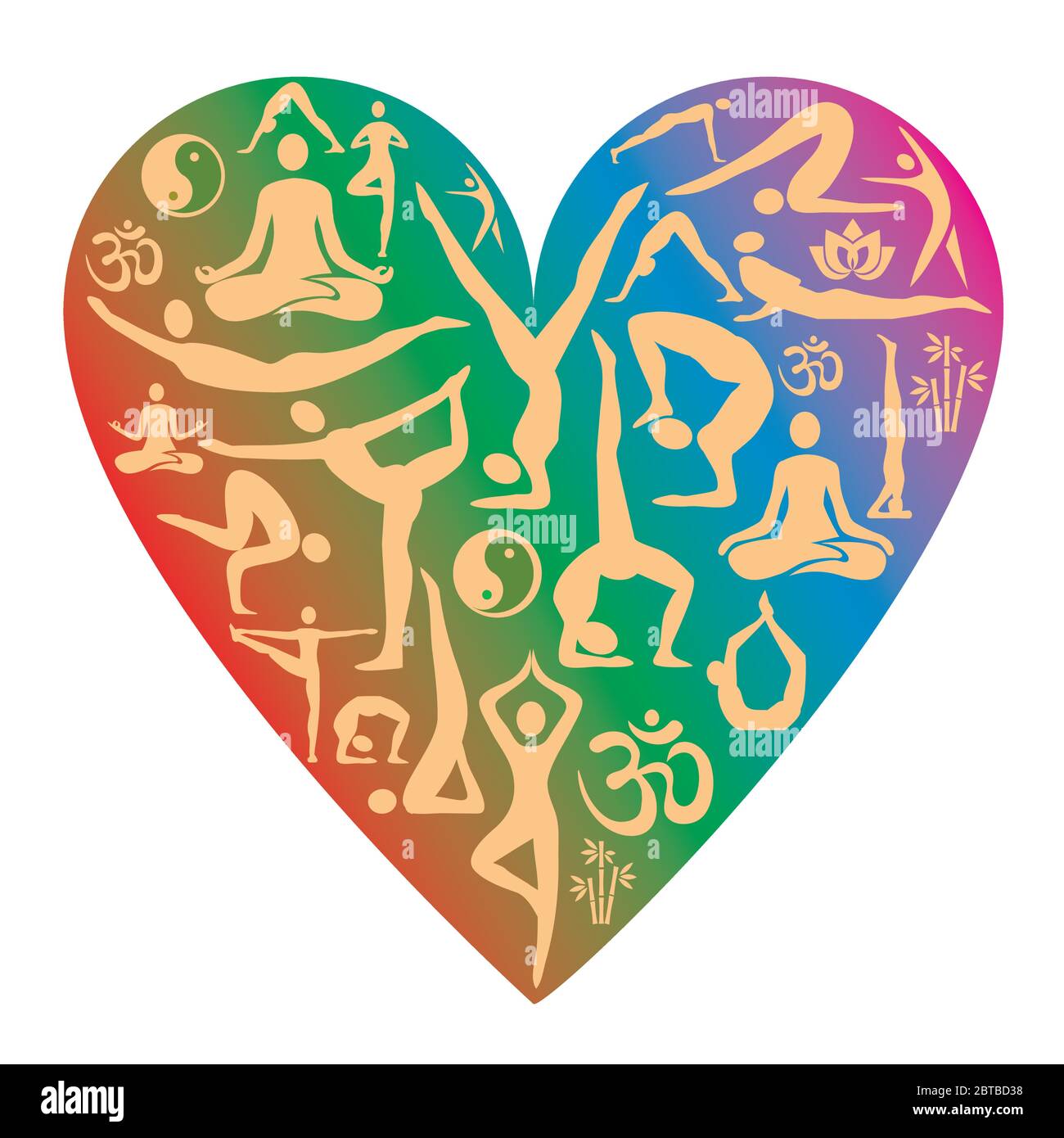 Amo lo yoga, le icone. Illustrazione del simbolo colorato del cuore con simboli yoga. Vettore disponibile. Illustrazione Vettoriale