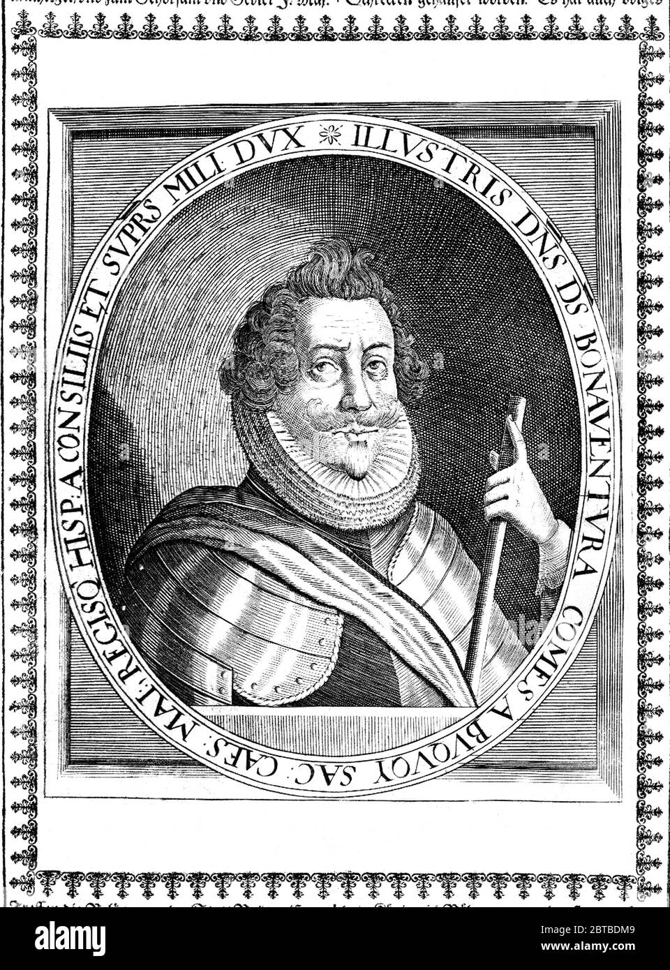 1600 ca, GERMANIA : il conte CHARLES Bonaventura de LONGUEVAL DE BUCQUOY ( Bonaventure , 1571 - 1621 ). Portrair inciso da artis non denificati, pubblicato nel 1640 . Francese nato ad Arras. Era un comandante militare che si è trovato a fare la guerra degli ottanta anni e per il Sacro Romano Impero durante la Guerra dei Trent'anni . - KAREL - CARLOS - Buenaventura - Asburg - Asburgo - Asburgo - Austria - SPAGNA - SPAGNA - NOBILITY - NOBILI tedeschi e spagnoli - Nobiltà tedesca e spagnola - illustrazione - incisione - incisione - colletto - colletto - baffi - baffi --- ARCO Foto Stock