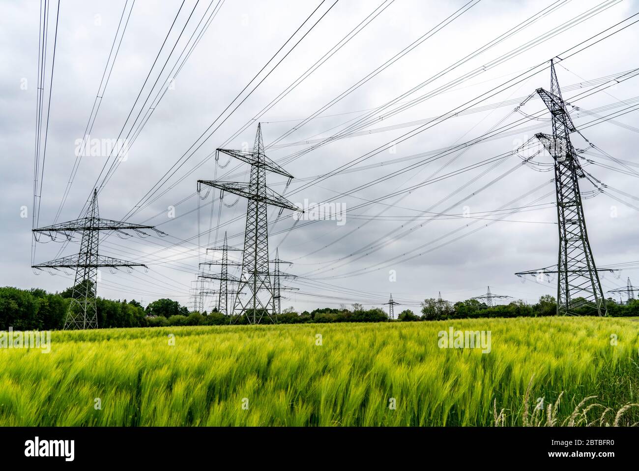 Linee elettriche, rete ad altissima tensione, 380 kilovolt, trasportano l'elettricità generata nelle grandi centrali elettriche nelle regioni, ad una statio di trasformatore Foto Stock