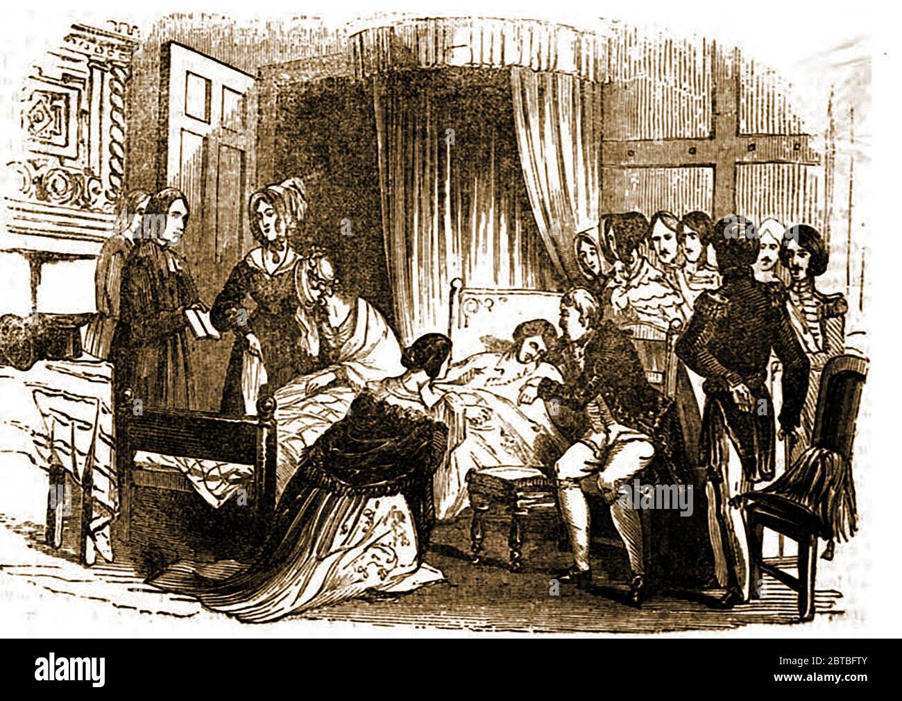 La scena deathbed del duca di Orleans (Principe Ferdinando Philippe di Orléans 1810-1842) dopo aver saltato da una carrozza fuori pista (illustrazione 1842). Si dice che ha fratturato il cranio dopo aver saltato dal suo carro aperto quando i cavalli si sono imbullonati. Foto Stock