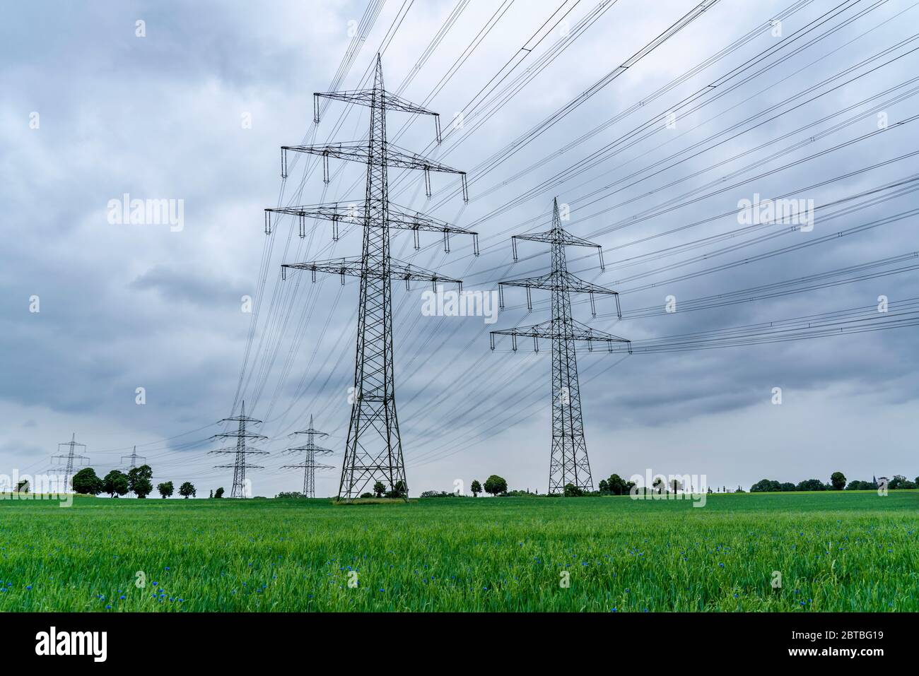 Linee elettriche, rete ad altissima tensione, 380 kilovolt, trasportano l'elettricità generata nelle grandi centrali elettriche nelle regioni, ad una statio di trasformatore Foto Stock