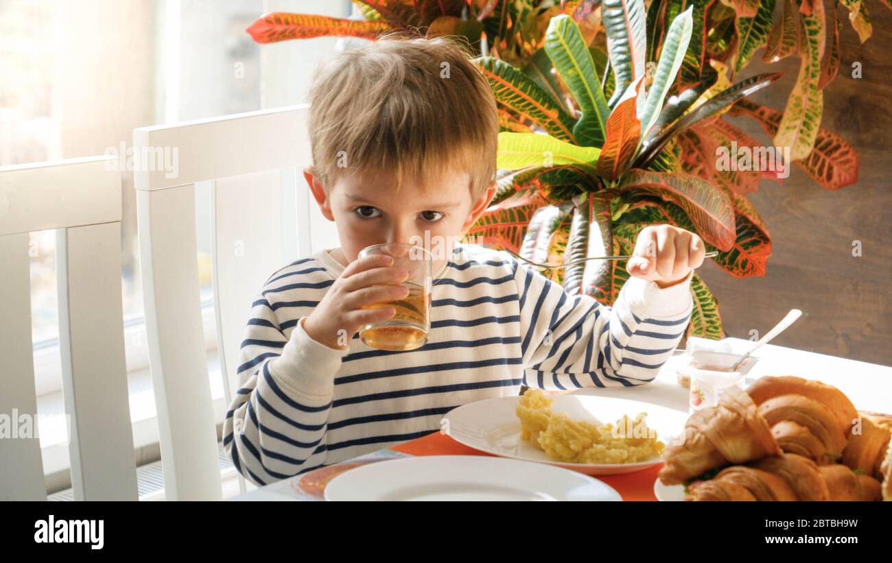 Ritratto di simpatico piccolo ragazzo beve succo di frutta mentre si ha la colazione in sala da pranzo Foto Stock