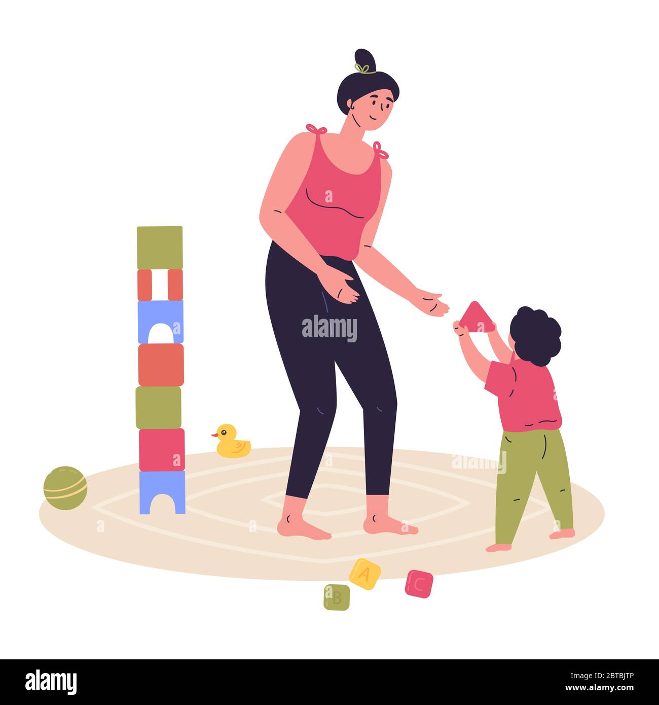 Una madre costruisce una torre di cubetti con il suo bambino Illustrazione Vettoriale