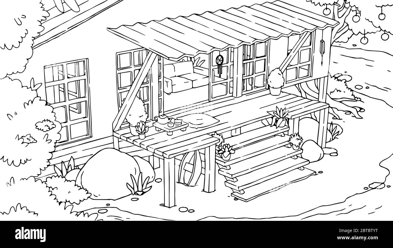 Profilo spiaggia spiaggia bancalata con terrazza e scale. Vettore mano disegnato isolato casa tropicale. Pagina del libro da colorare. Illustrazione Vettoriale