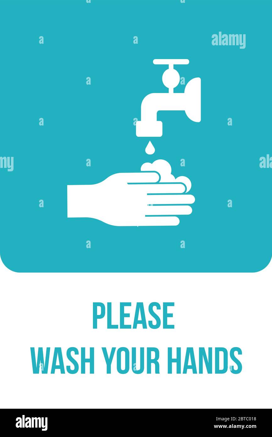 Si prega di lavare le mani cartello Avviso autoadesivo. Igiene personale, prevenzione delle malattie e assistenza sanitaria. Lavare il vettore di banner con l'icona del segno delle mani Illustrazione Vettoriale