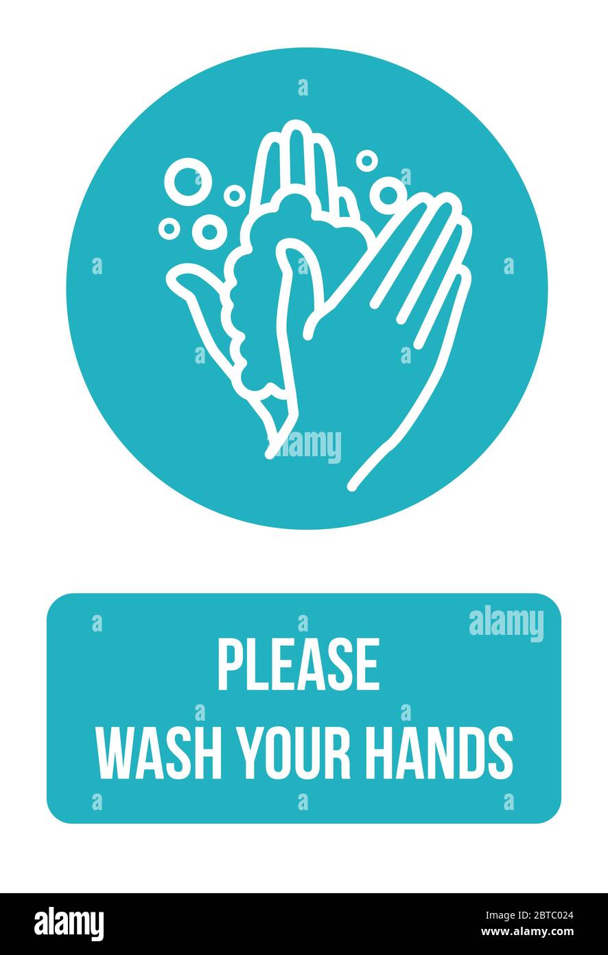 Si prega di lavare le mani cartello Avviso autoadesivo. Igiene personale, prevenzione delle malattie e assistenza sanitaria. Lavare il vettore di banner con l'icona del segno delle mani Illustrazione Vettoriale