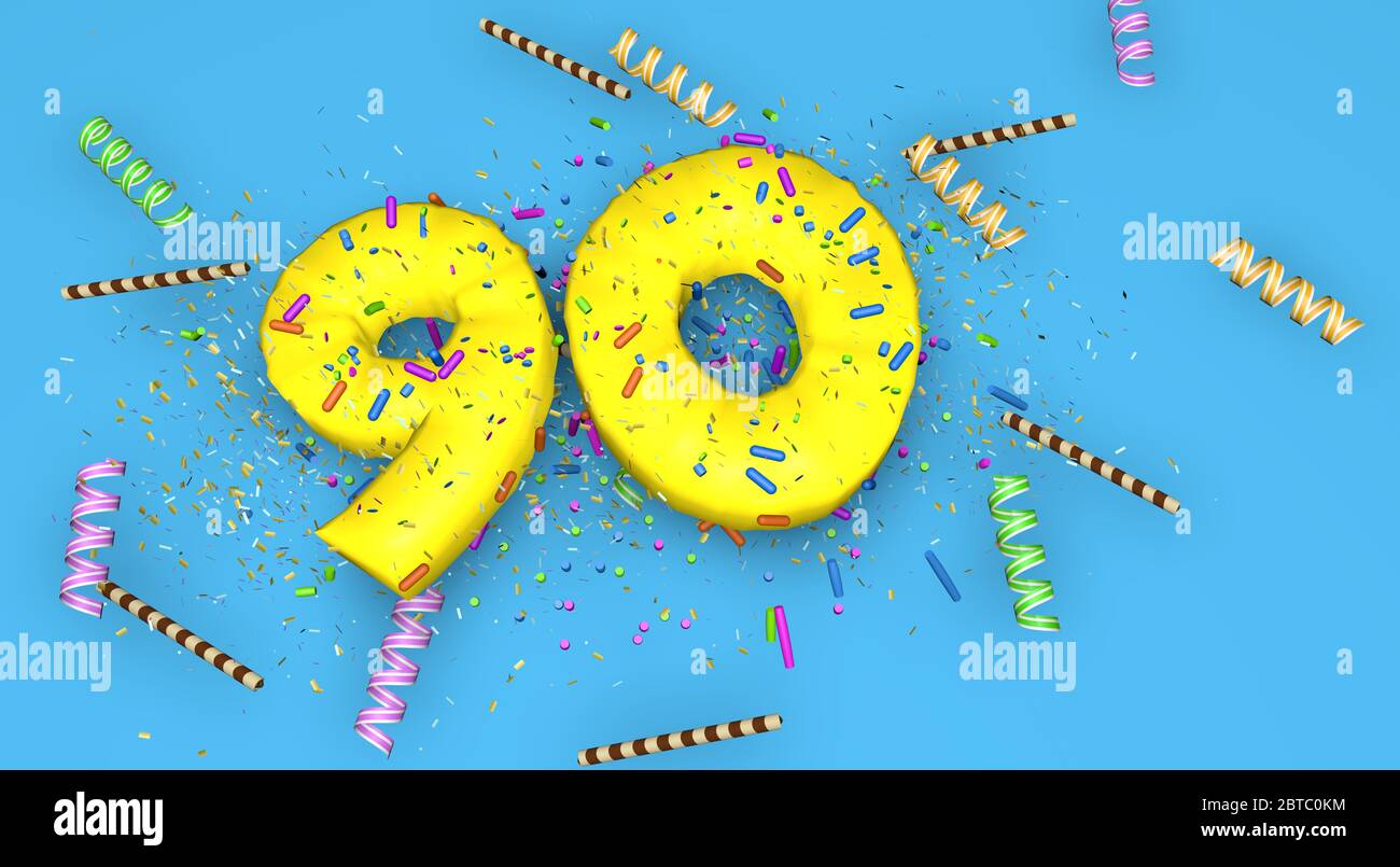 Numero 90 per compleanno, anniversario o promozione, in lettere gialle spesse su sfondo blu decorate con caramelle, ruscelli, paillette di cioccolato e. Foto Stock