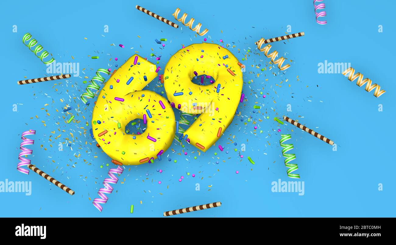 Numero 69 per compleanno, anniversario o promozione, in lettere gialle spesse su sfondo blu decorate con caramelle, ruscelli, paillette di cioccolato e. Foto Stock