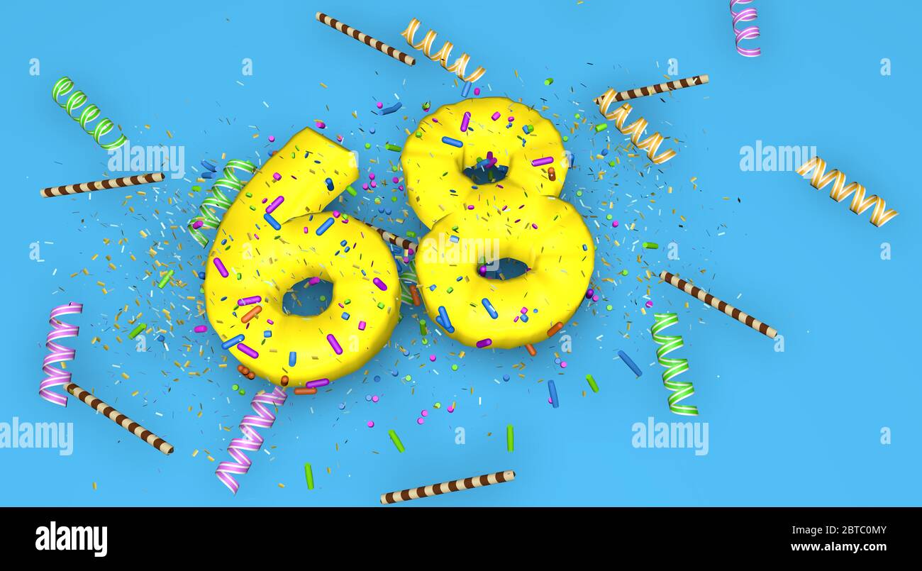 Numero 68 per compleanno, anniversario o promozione, in lettere gialle  spesse su sfondo blu decorate con caramelle, ruscelli, paillette di  cioccolato e Foto stock - Alamy