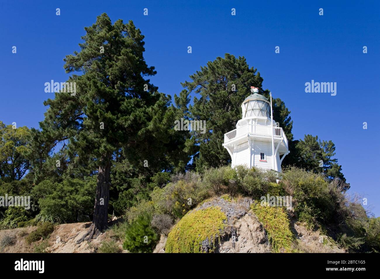 Faro di Akaroa Head, Banks Peninsula, Canterbury District, South Island, Nuova Zelanda Foto Stock