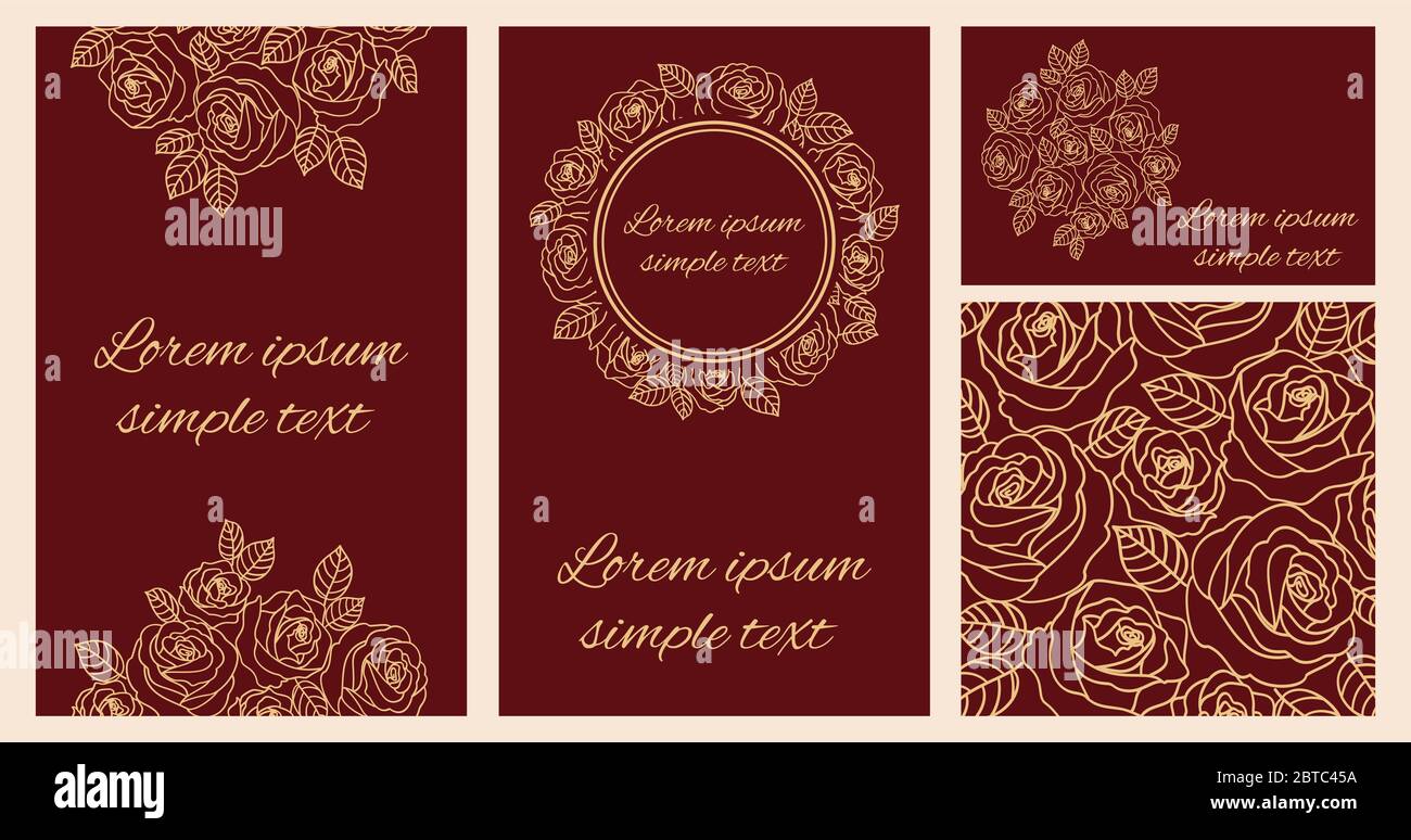 Inviti di nozze vettoriali floreali, salvare la data, rsvp, grazie modello di carta con contorno beige rose wreath e spazio copia. Illustrazione Vettoriale