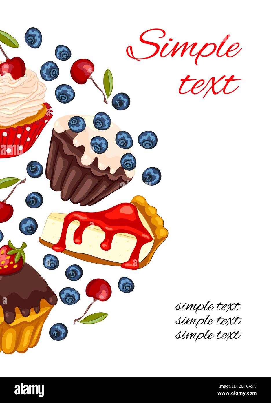 Set di carte promozionali con illustrazioni vettoriali colorate. Design del menu del ristorante o del caffè. Modello pieghevole con frutti di bosco, muffin e cheesecake. Illustrazione Vettoriale