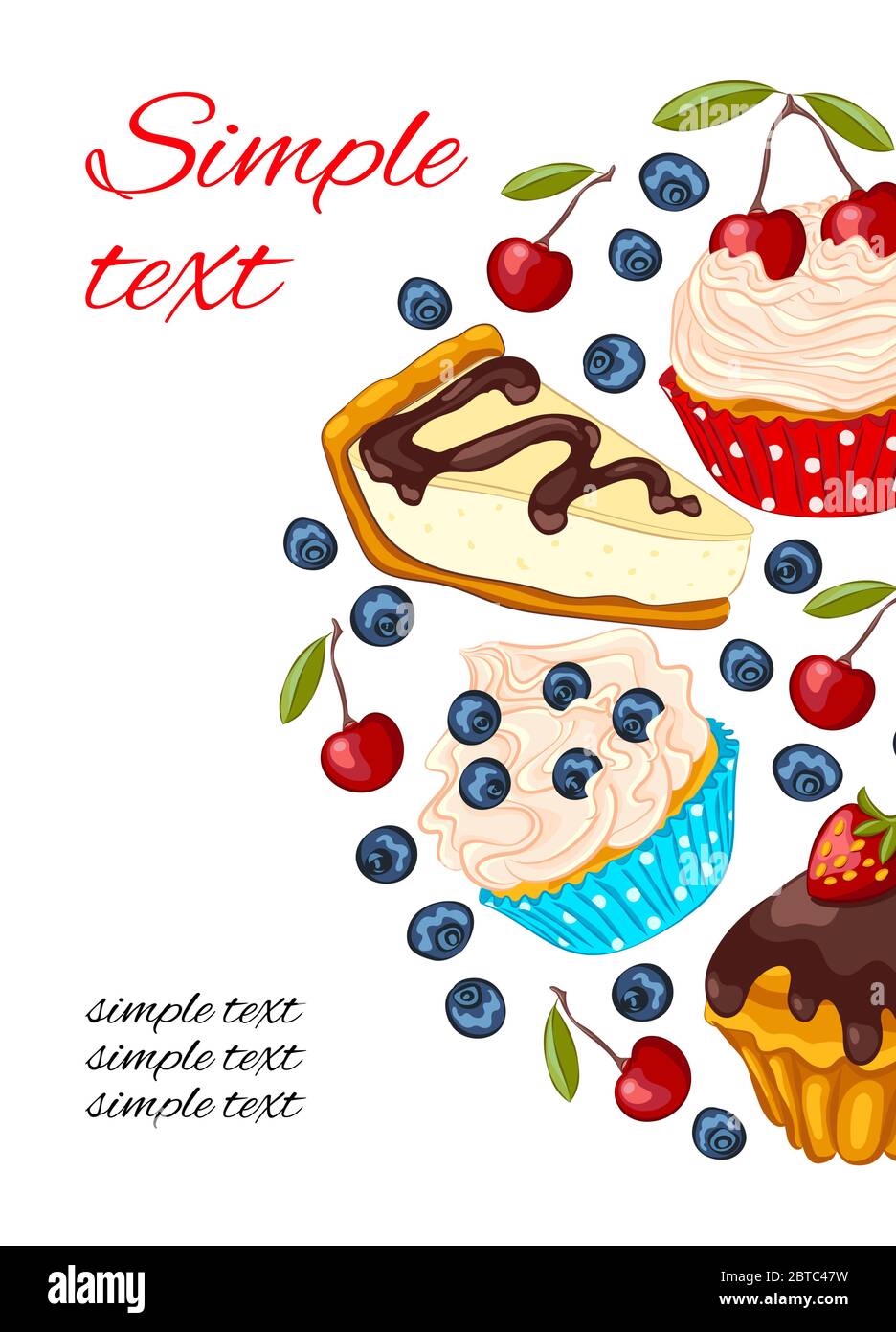 Carta promozionale per dessert vettoriali, design del menu del ristorante o del caffè. Modello flyer con frutti di bosco, muffin e cheesecake, stile cartone animato Illustrazione Vettoriale