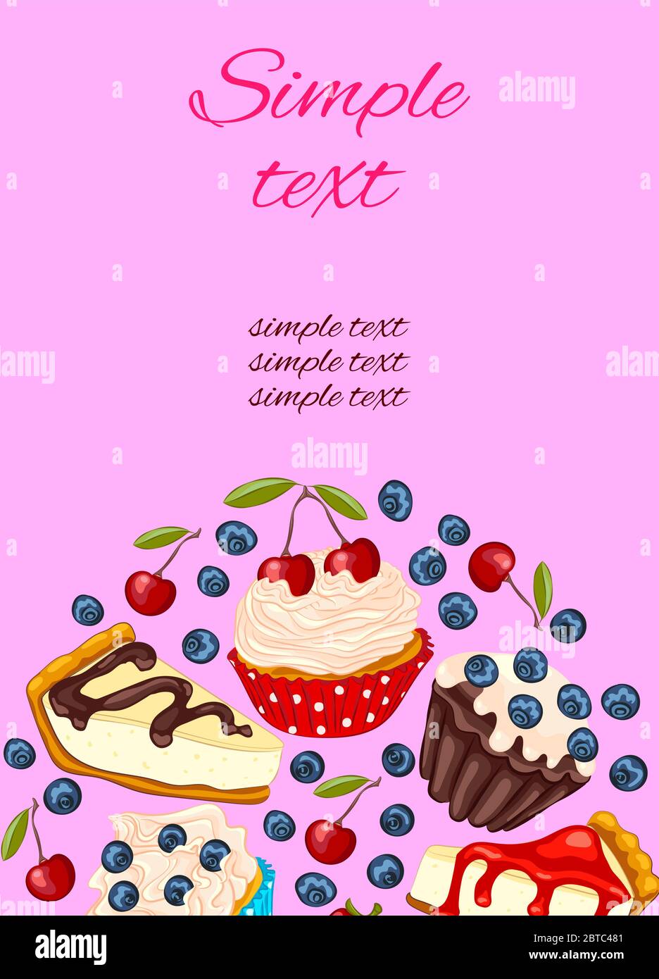 Cupcake e cheesecake vettore cartoni animati stile carta promo, ristorante o caffè design menu. Modello pieghevole con frutti di bosco e muffin. Illustrazione Vettoriale