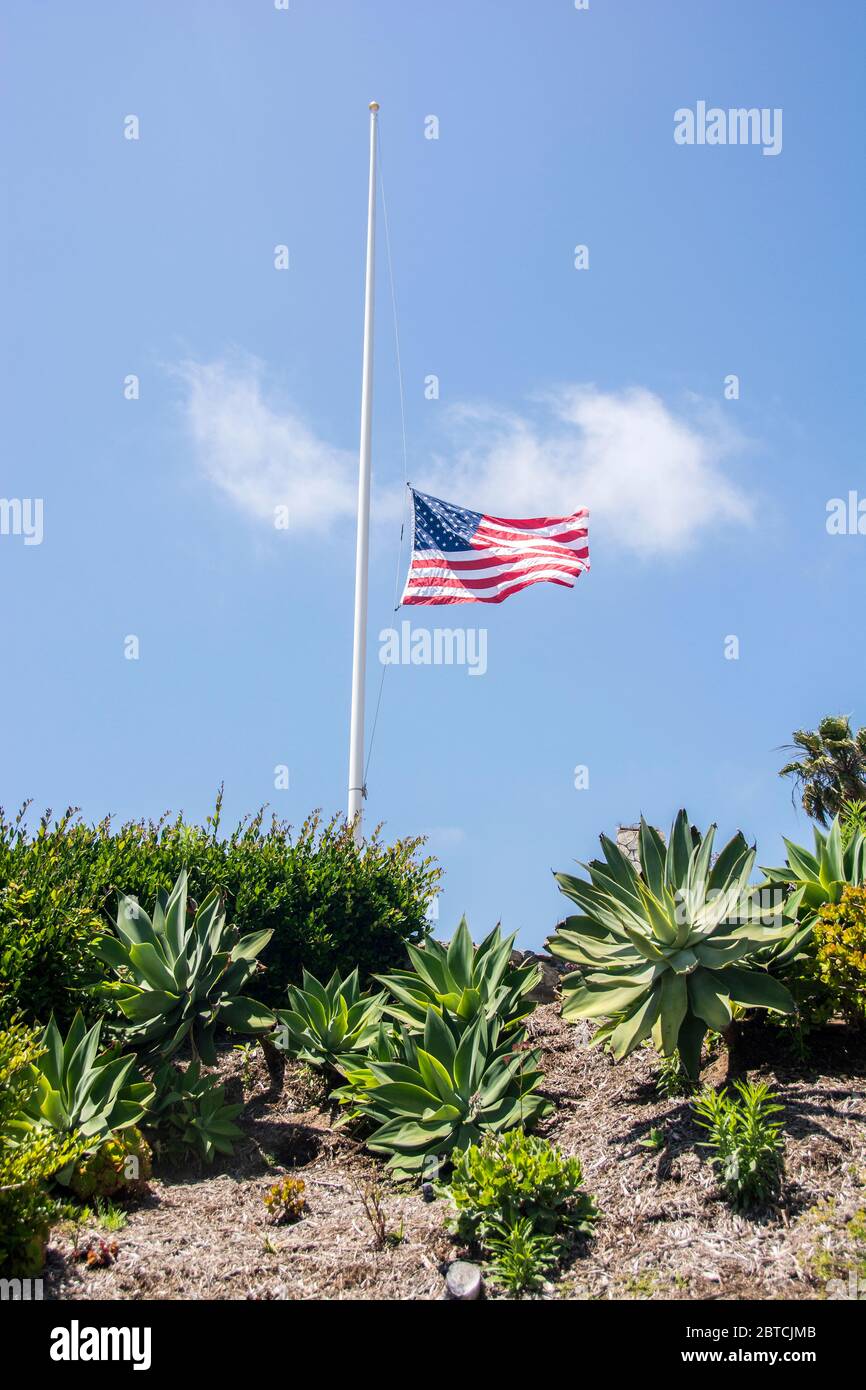 Una bandiera americana a metà albero in onore dei 100,000 americani che sono morti dall'inizio del Corona Virus (Covid19) Foto Stock