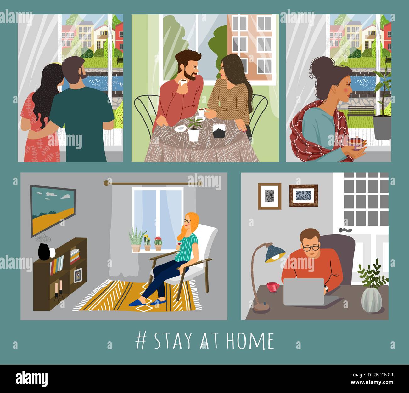 Insieme di illustrazioni vettoriali con persone a casa in interni. Concetto di autoisolamento durante la quarantena Illustrazione Vettoriale