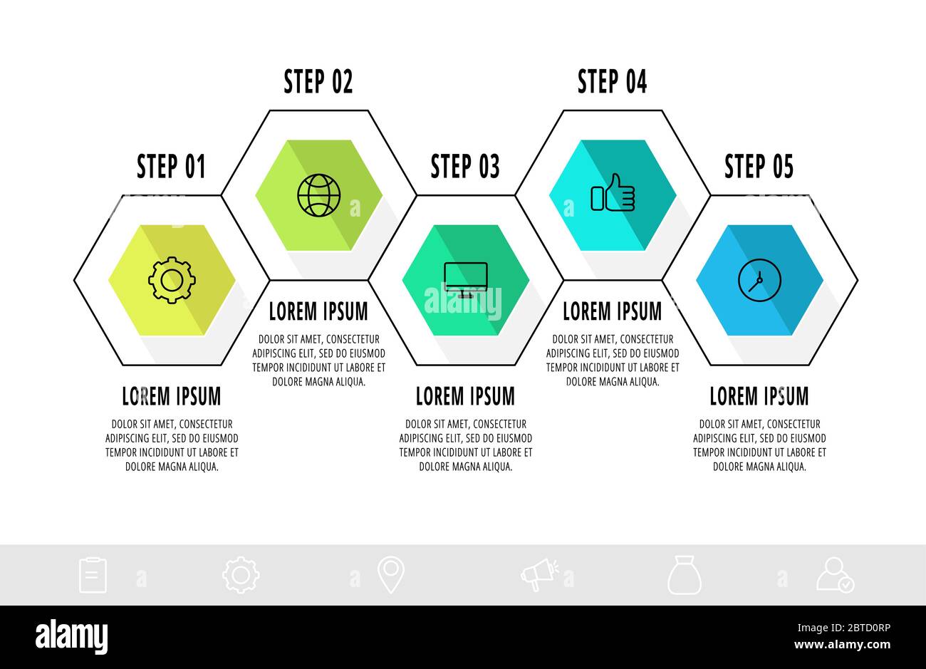 Infografica vettoriale aziendale. Linea temporale moderna con 5 esagoni. Utilizzato per il web design, il grafico, i diagrammi, le presentazioni Illustrazione Vettoriale