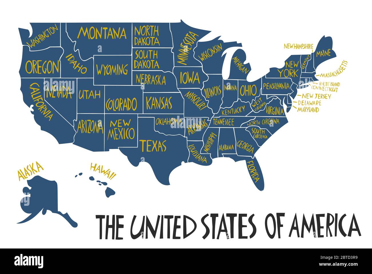 Mappa stilizzata disegnata a mano dagli Stati Uniti d'America. Illustrazione degli stati Uniti. Illustrazione scritta disegnata a mano. Nord America ma Illustrazione Vettoriale