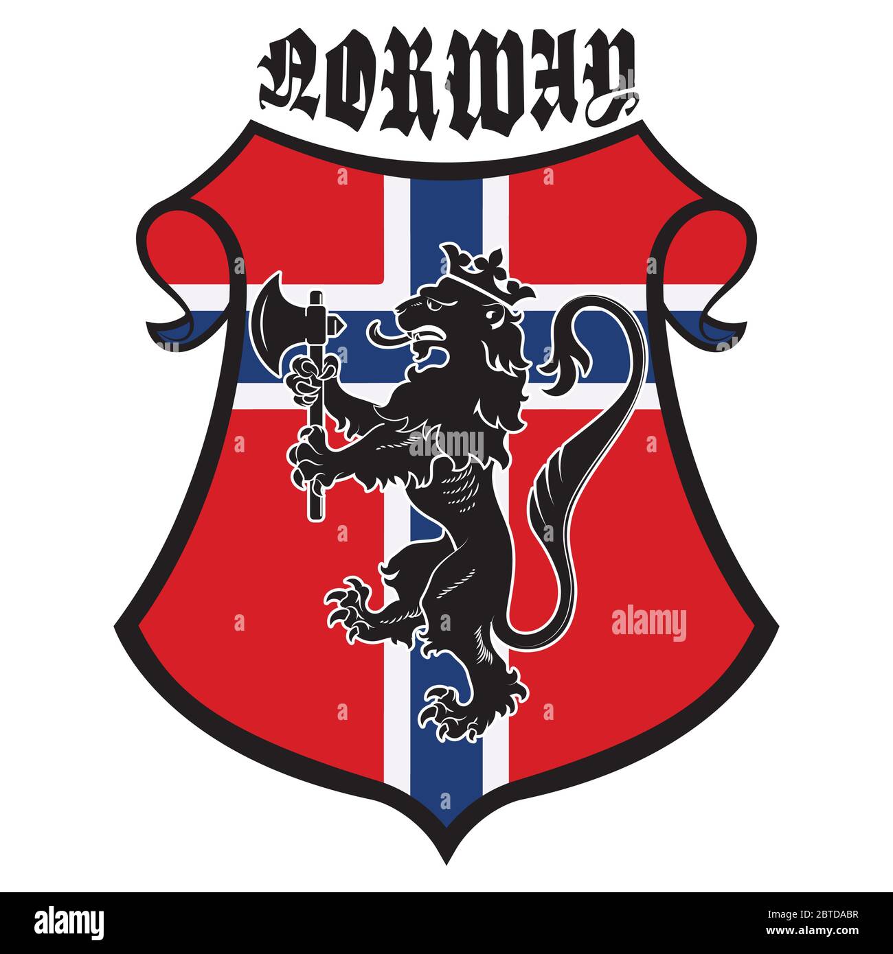 Emblema reale araldico classico. Leone reale araldico d'epoca con un'ascia, scudo araldico e bandiera norvegese Illustrazione Vettoriale