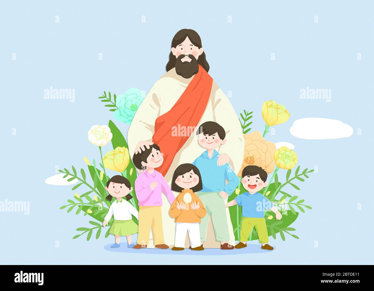 Concetto di religione cattolica, Gesù con le persone cartone animato illustrazione cristiana 008 Illustrazione Vettoriale