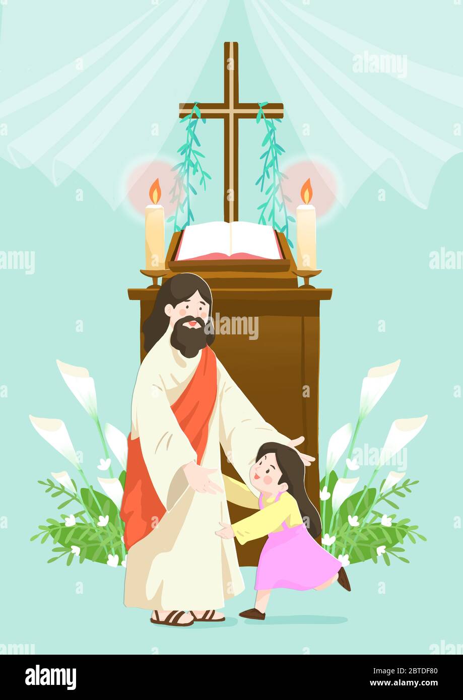 Concetto di religione cattolica, Gesù con le persone cartone animato illustrazione cristiana 005 Illustrazione Vettoriale