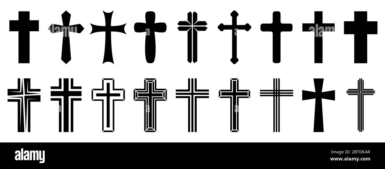 Set di icone Croce cristiana. Croce cristiana nera icona isolata. Illustrazione vettoriale. Croce di religione Illustrazione Vettoriale