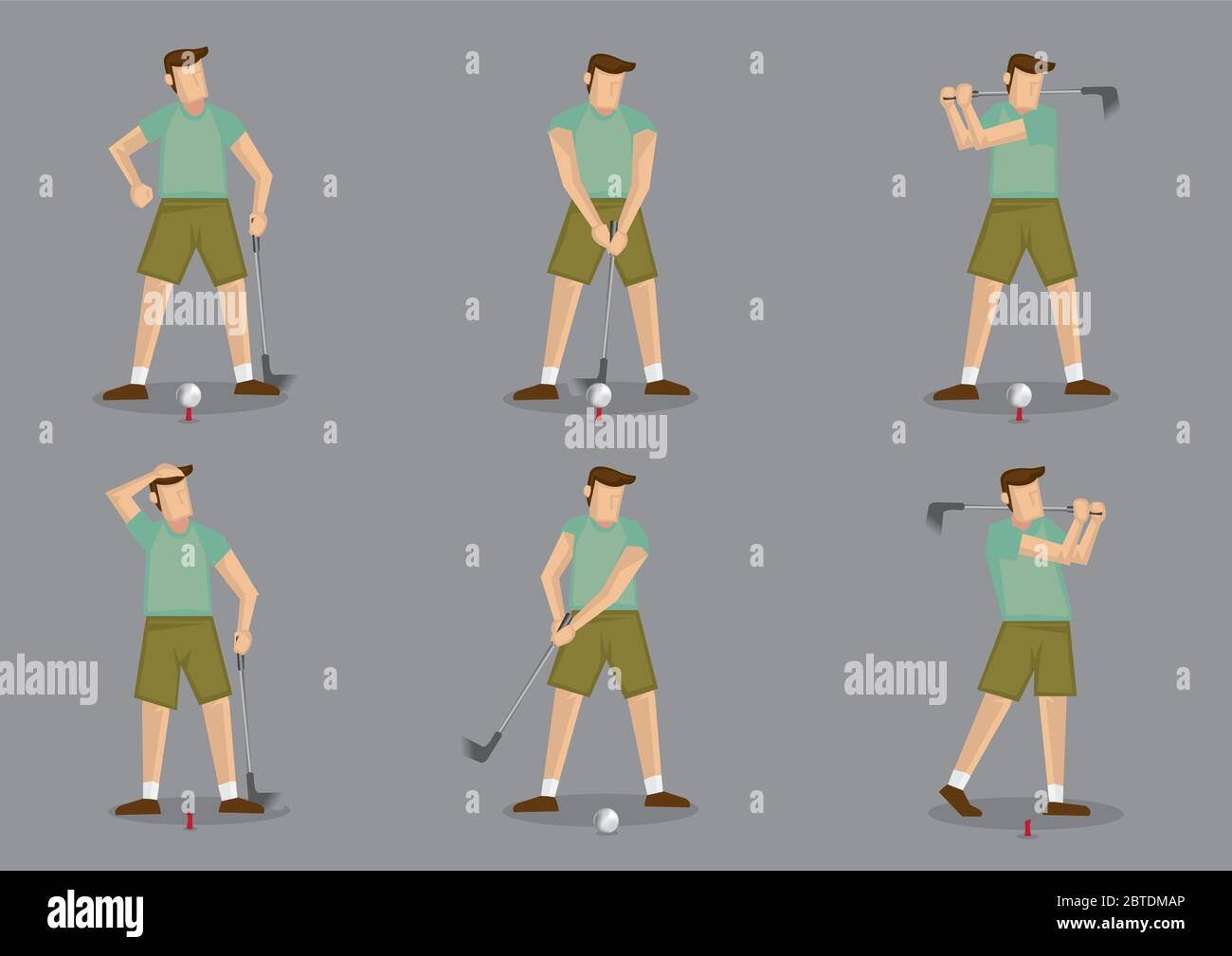Set di sei icone vettoriali di golfer maschile con golf club e palline da golf isolato su sfondo grigio Illustrazione Vettoriale