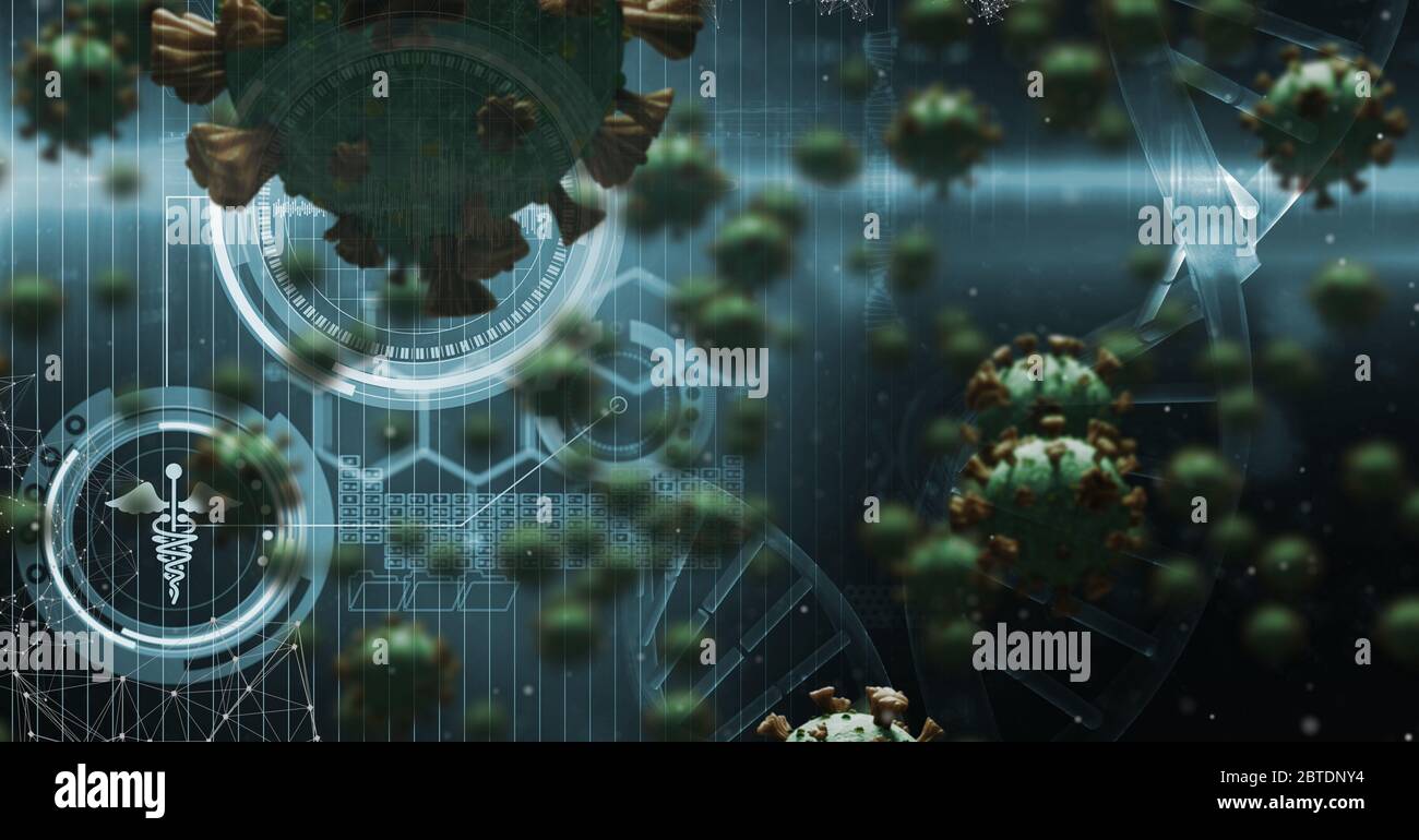 Icone mediche e digitali su cellule di Covid19 di coronavirus verde Foto Stock