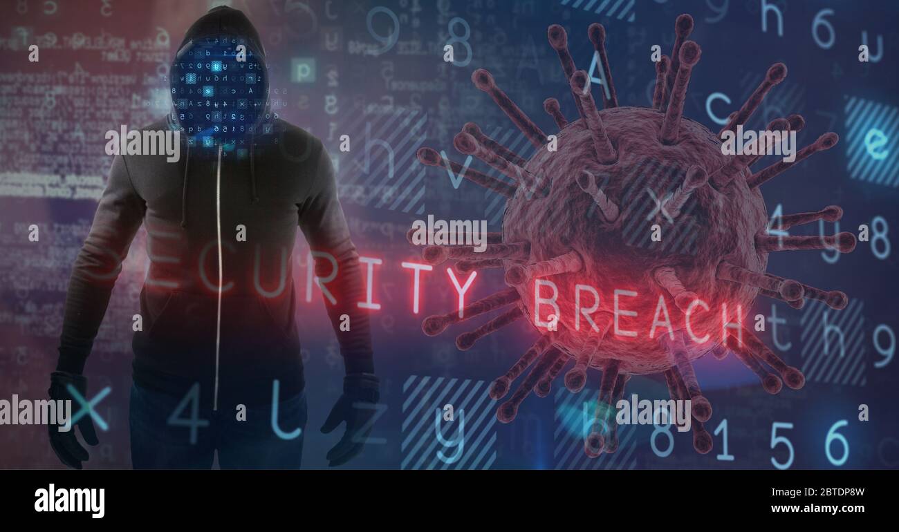 Hacker durante il cavid19 coronavirus pandemia con parole violazione della sicurezza e dati Foto Stock