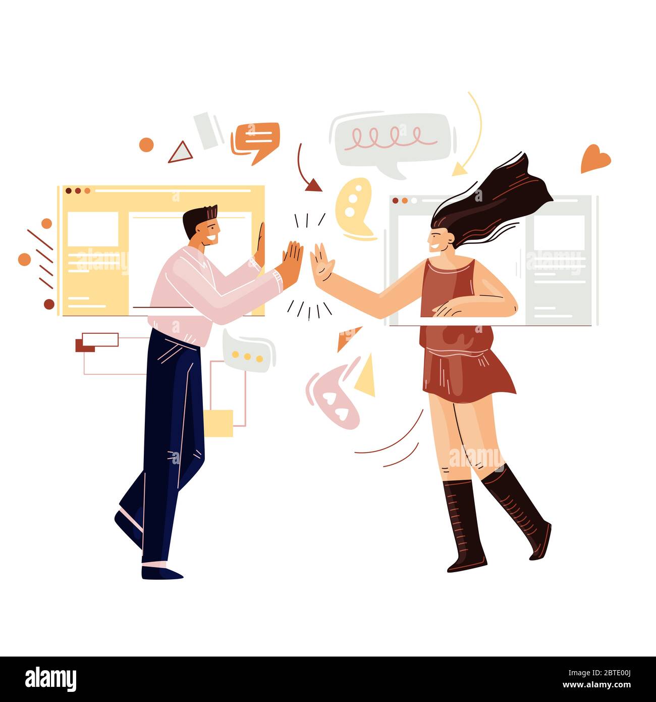 Uomo e donna che chattano online, con videochiamata remota con interfaccia internet web, messaggero online. Amici che comunicano online Illustrazione Vettoriale
