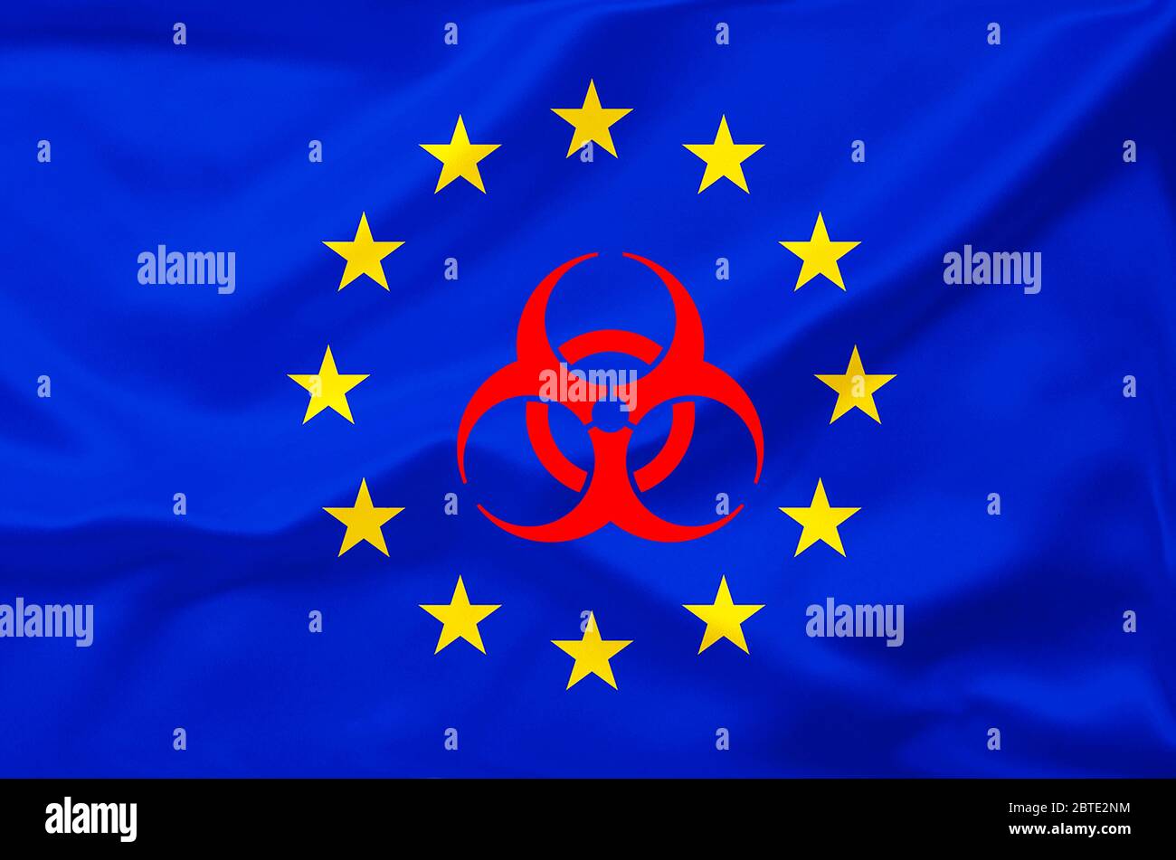 Bandiera dell'UE con impronta Biohazard, crisi corona, Europa Foto Stock
