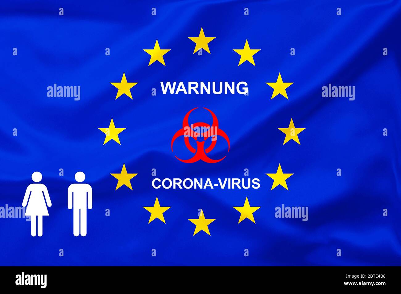 Bandiera UE con l'avvertimento di pericolo biologico, Europa Foto Stock